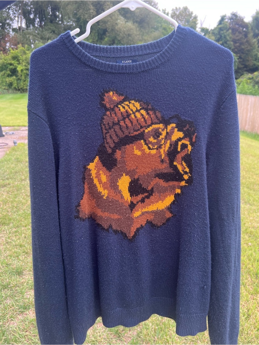 American Rag Navy Knit Sweater XL Screaming Hipster Bear Glasses Beanie